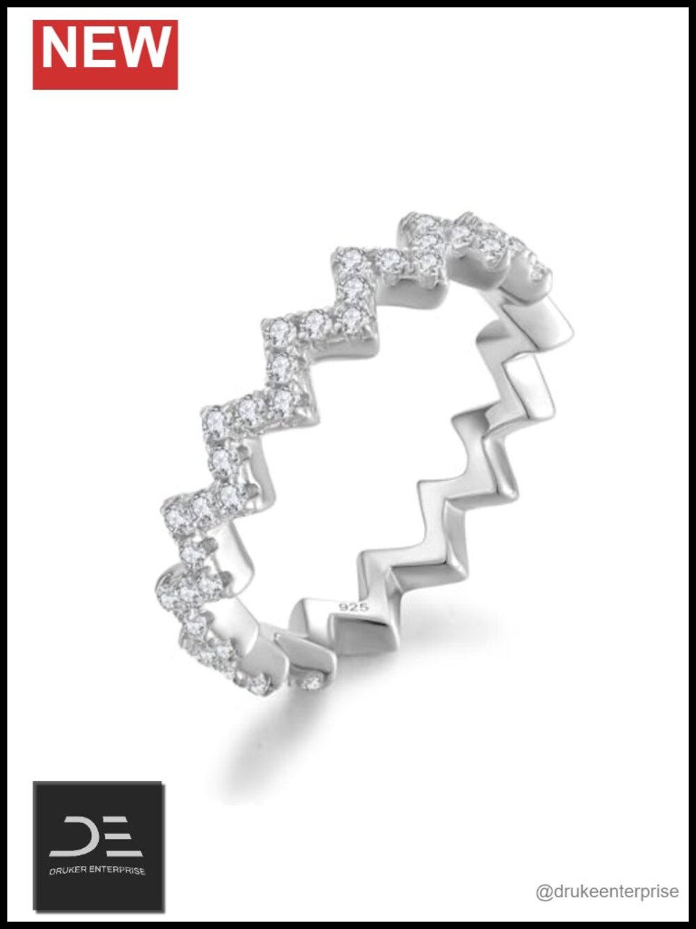 925 Sterling Silver Zig Zag Ring Cubic Zirconia 18k White Gold Plated Eternity